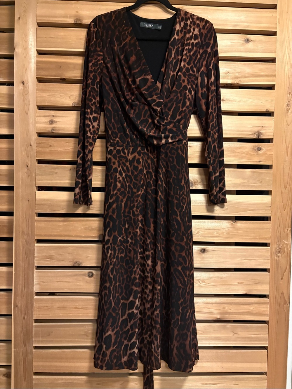 NWOT Ralph Lauren Brown and Black Ocelot Print Jersey Long Sleeve Wrap Dress